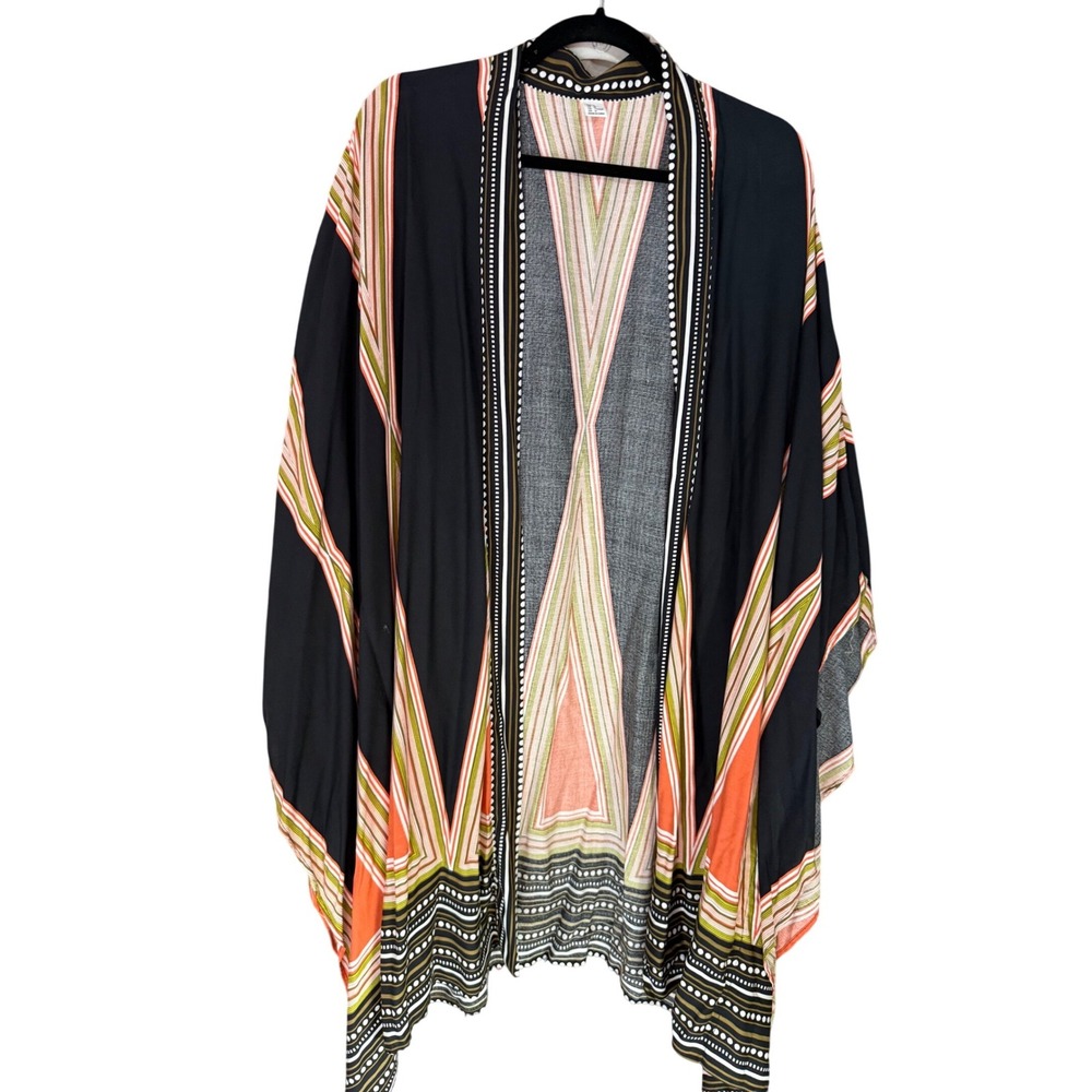 Black Kimono Cardigan Womens Medium Black Geometric Striped Excellent Boho Wrap